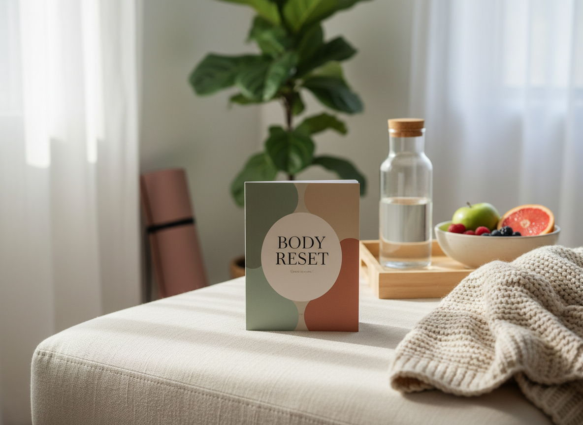 A serene self-improvement corner featuring a printed “Body Reset” style guide booklet with a soft matte cover in muted earth tones, resting on a linen-covered ottoman. Around it are visual cues of healthy change: a wooden tray with a glass bottle of water, a bowl of fresh fruit, and a folded cozy throw blanket. A yoga mat is rolled up in the softly blurred background next to a tall plant. Gentle morning light filters through sheer curtains, creating a calm, diffused glow and delicate shadows. Photographic realism, eye-level composition with a shallow depth of field draws attention to the guide while the setting suggests holistic wellness and sustainable lifestyle reset.