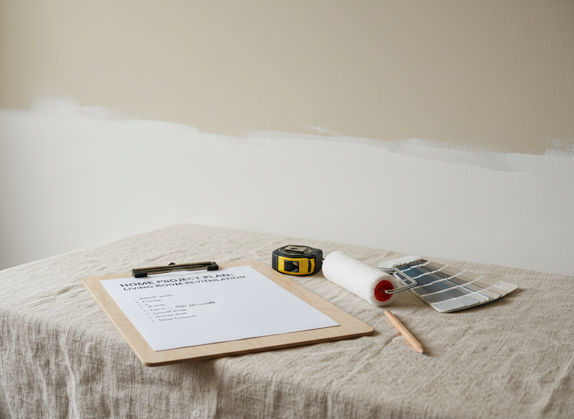 An inviting home improvement scene where a printed PDF home project checklist, clipped to a smooth plywood board, lies on a drop cloth beside neatly arranged tools: a paint roller with a clean white cover, a tape measure, paint swatches, and a carpenter’s pencil. The wall behind is half-primed, showing a clear before-and-after contrast in neutral tones. Natural diffused daylight illuminates the space from a large unseen window, revealing subtle textures in the wall and fabrics. Photographic realism, medium-wide shot at a slight diagonal, with sharp focus throughout. The mood is motivated and practical, conveying the idea of organized, achievable home upgrades guided by clear, professional resources.