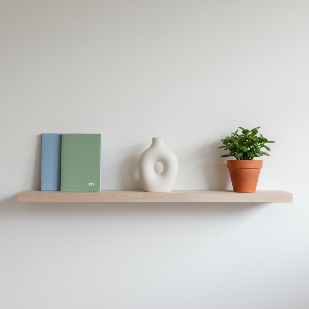 A minimal, clutter-free shelf scene illustrating “Life Declutter” and “Healthy Boundaries” concepts through objects instead of text. A few neatly stacked printed PDF booklets with plain, color-block covers sit beside a single sculptural ceramic vase and a small jade plant, all spaced with generous negative space. The backdrop is a smooth, light-colored wall with no decorations. Soft overcast daylight from the right creates even illumination and subtle, crisp shadows that emphasize clean lines. Photographic realism, straight-on composition with symmetrical balance and sharp focus. The atmosphere is calm, orderly, and empowering, visually communicating the benefits of simplifying one’s environment and setting clear limits without any clutter or distraction.