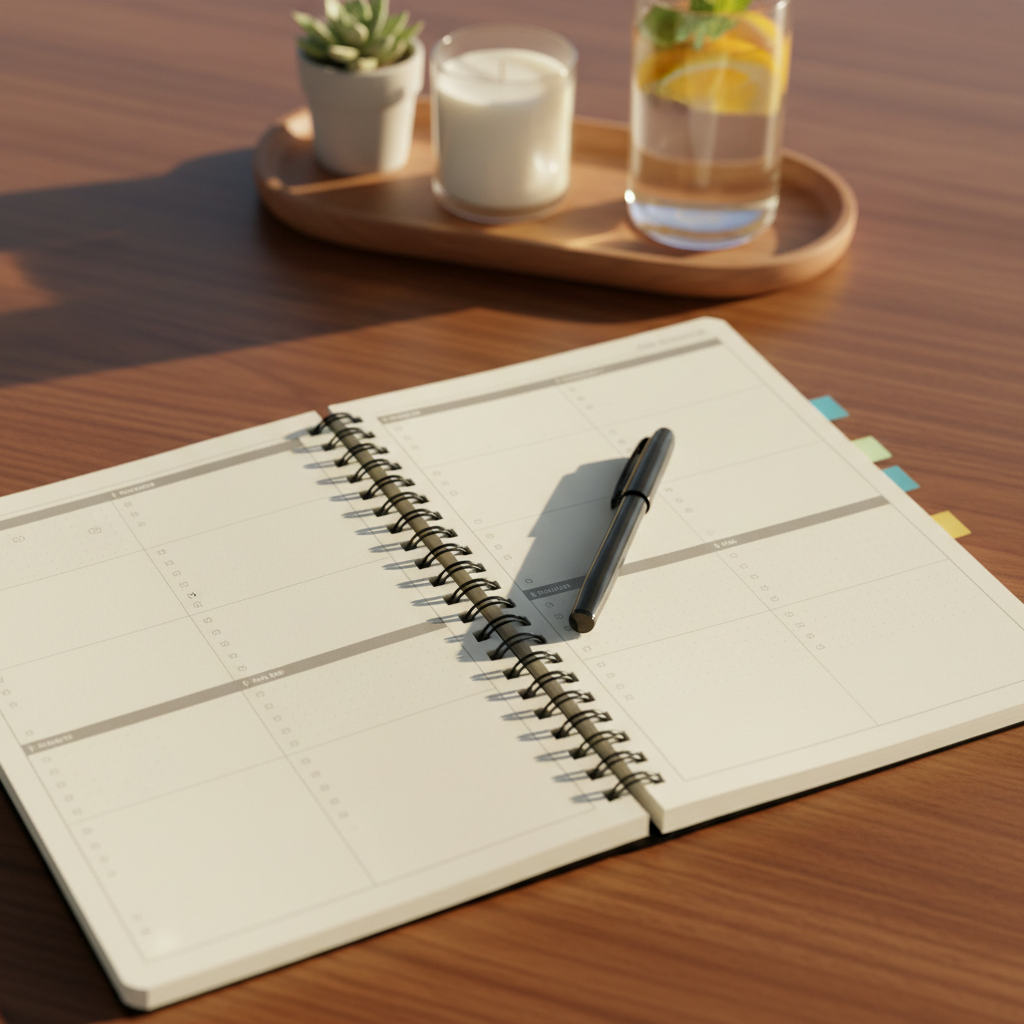 A photographic close-up of a bullet-style daily wellness and productivity planner printed from a PDF, open on a walnut table, pages clean and mostly blank with tidy non-readable lines and icons. A fine-tip pen rests diagonally across the center crease, and color-coded sticky tabs peek from the edges. Warm late-afternoon sunlight falls across the pages from the right, creating soft highlights and elongated shadows. In the blurred background, there is a glass of infused water with citrus slices and a tidy tray holding a candle and a small plant. Shot from a slightly elevated angle, rule-of-thirds composition, the mood is focused yet soothing, emphasizing intentional planning and balanced daily routines.